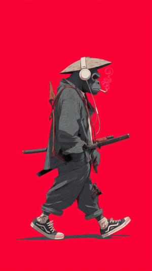 Cool Samurai Gorilla In Urban Streetwear With Headphones And Katana