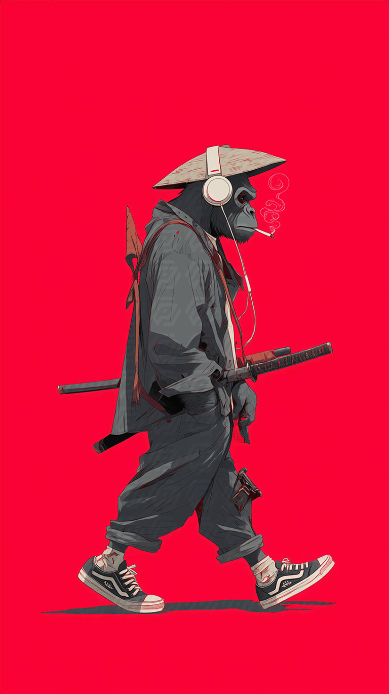 Cool Samurai Gorilla In Urban Streetwear With Headphones And Katana