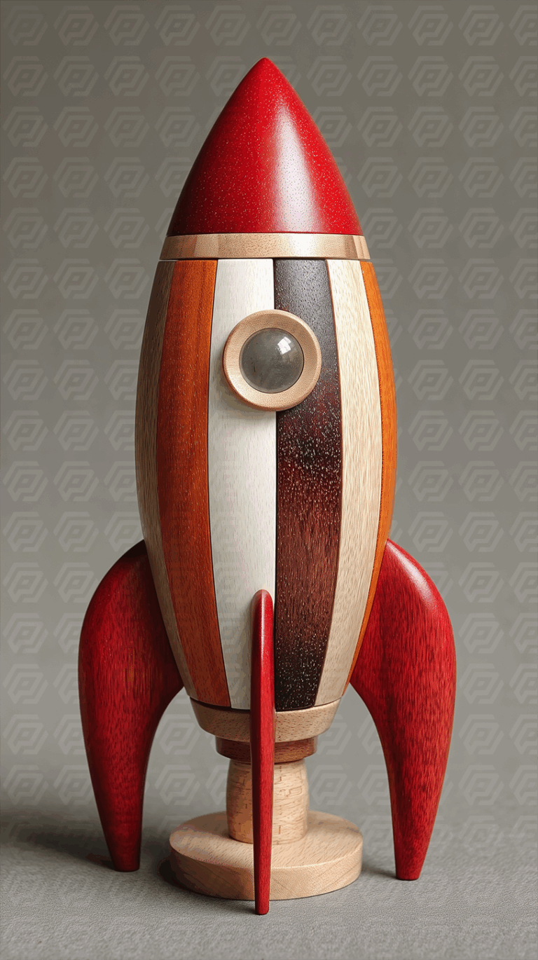 Vertical Striped Wooden Rocket Toy With Artistic Detailing