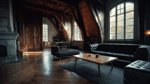 Modern Loft With Elegant Wooden Beams and Leather Furniture