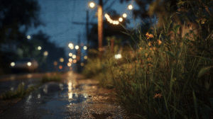 Wet Suburban Street at Night with Dew-Covered Grass