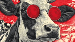 Cow With Red Lenses Amidst Grazing Herd