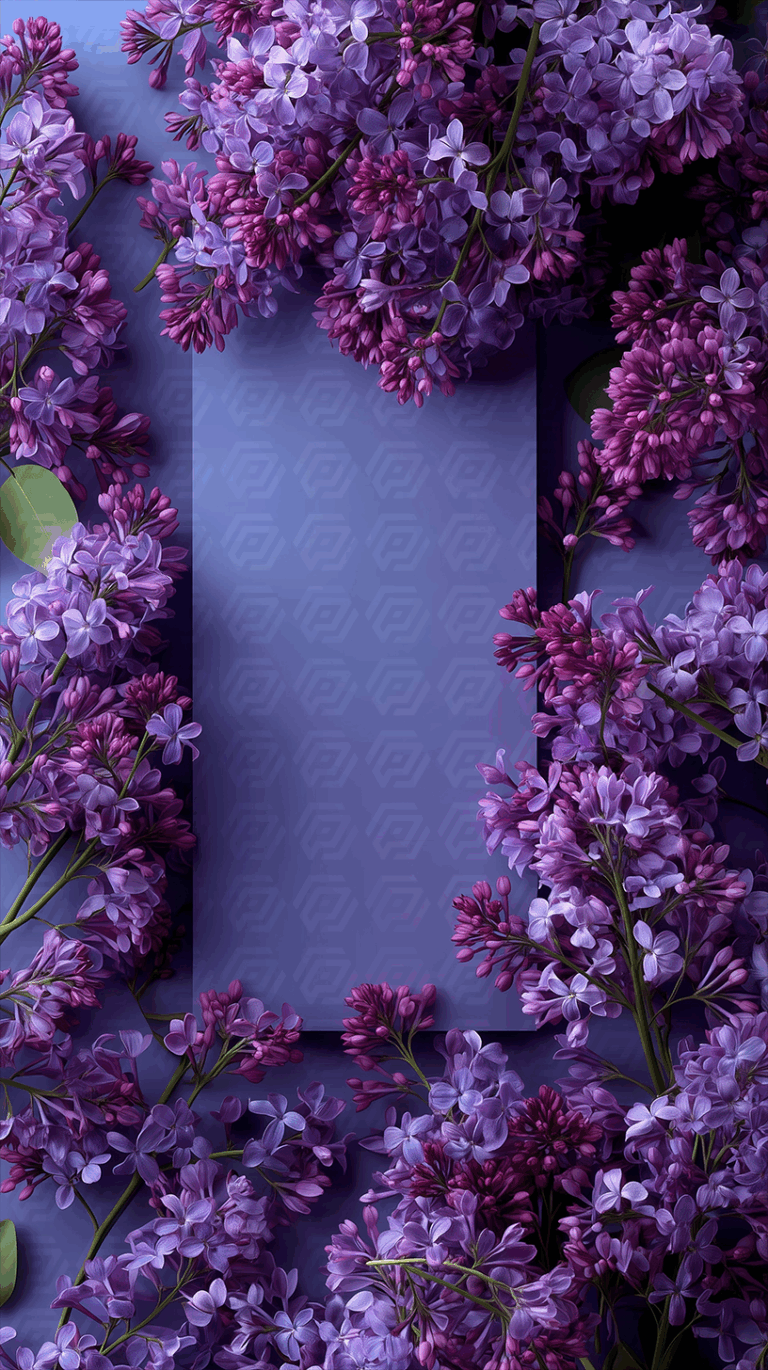 Lilac Floral Frame with Empty Center on Violet Background