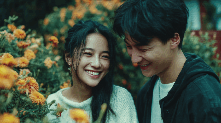 Happy Couple Laughing Among Vibrant Orange Flowers Romantic Scene