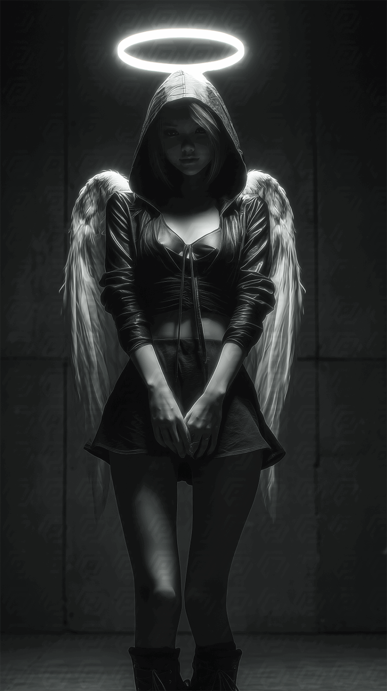 Dark Angel Woman with Glowing Halo and Hooded Attire in Dramatic Lighting