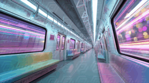 Bright Pastel Subway Train With Motion Light Trails