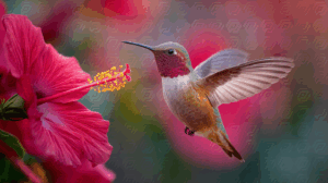 Colorful Hummingbird Approaches Vibrant Red Hibiscus Flower