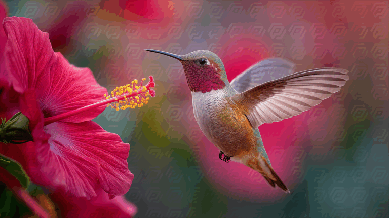 Colorful Hummingbird Approaches Vibrant Red Hibiscus Flower