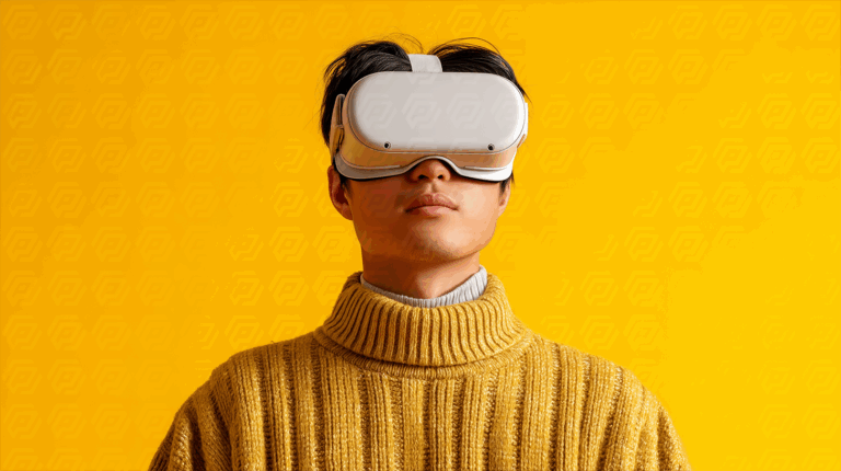 Man in Knitted Sweater Using VR Headset in Yellow Studio