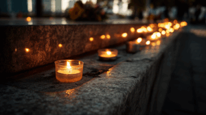 Rows of Tealight Candles on Stone Wall at Dusk