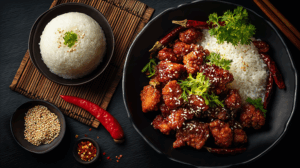 Crispy Asian Chicken with Sticky Sauce and Steamed Rice