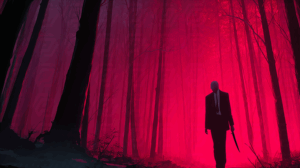 Lone Figure in Red Forest with Knife