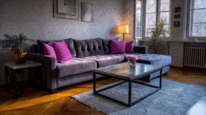 Contemporary Living Room With Purple Sofa and Magenta Pillows