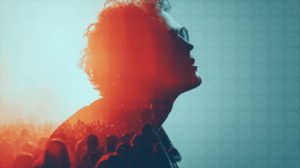 Creative Double Exposure Of Music Crowd And Artist Silhouette