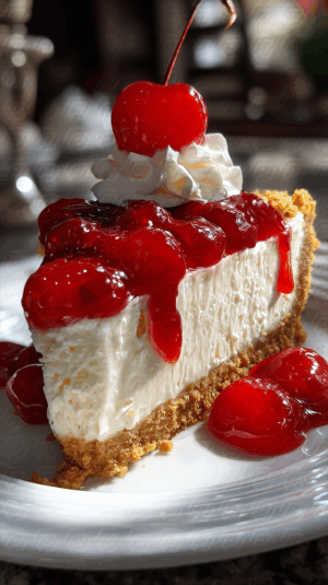 Cherry Cheesecake Slice With Whole Cherry Garnish