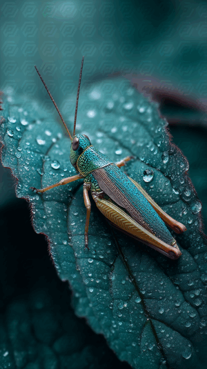 Colorful Grasshopper on Leaf with Water Droplets in Focus