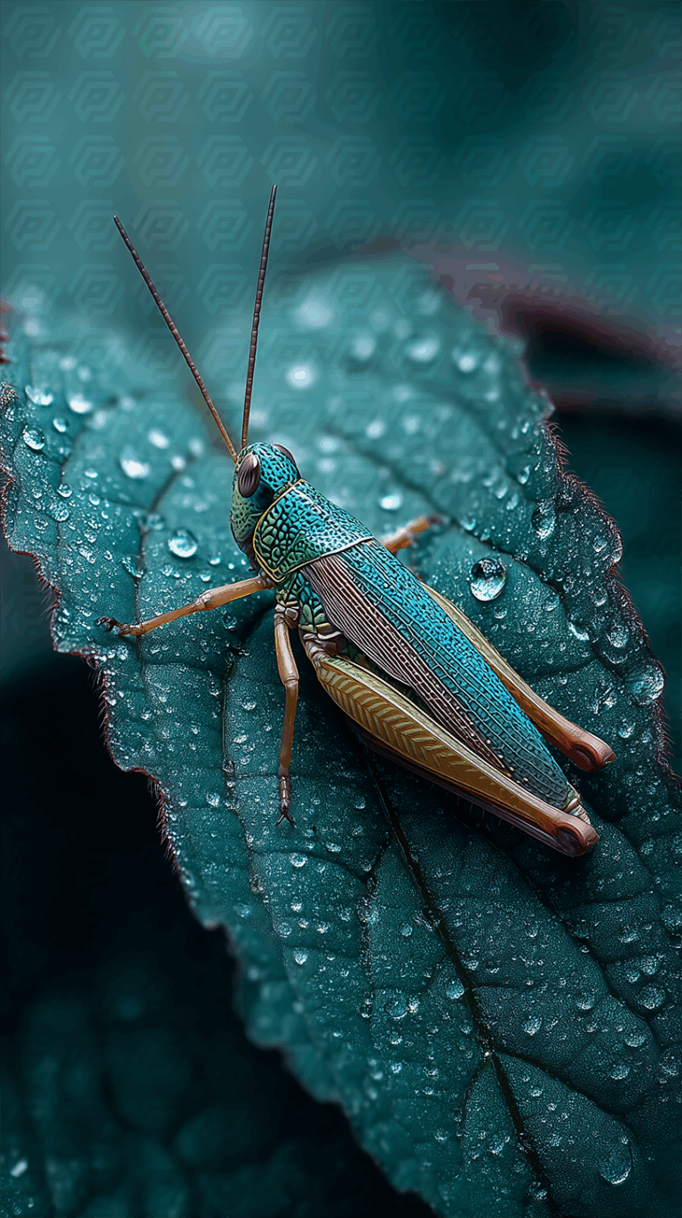 Colorful Grasshopper on Leaf with Water Droplets in Focus