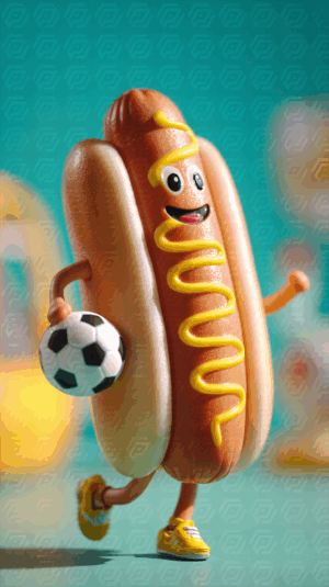 Hot Dog Mascot Running with Soccer Ball in Fun Animated Style
