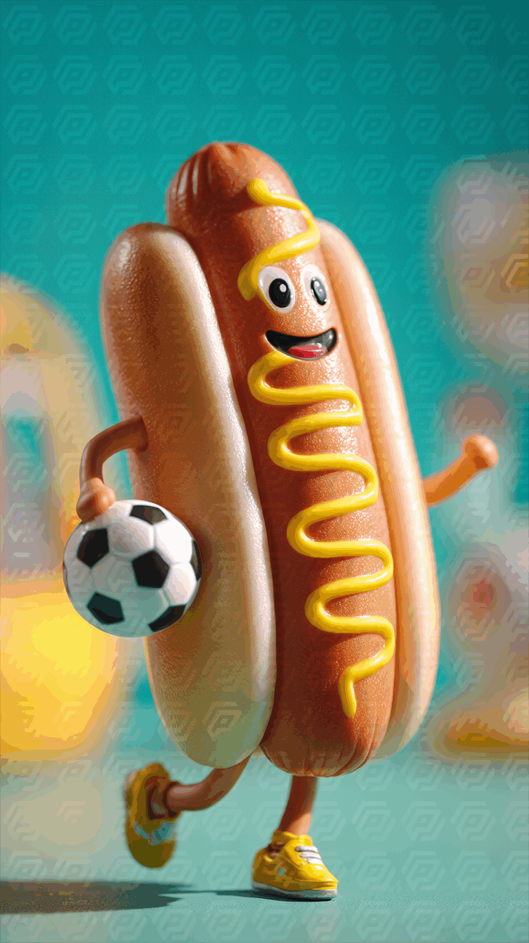Hot Dog Mascot Running with Soccer Ball in Fun Animated Style