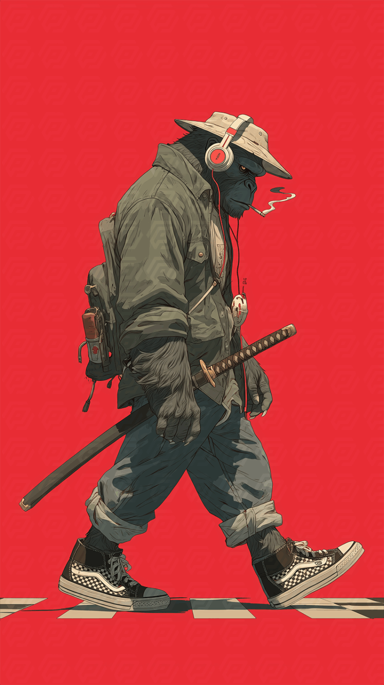 Street Samurai Gorilla With Katana And Headphones In Bold Style