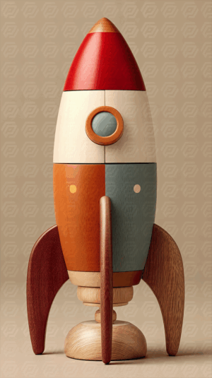 Minimalist Wooden Rocket Toy With Soft Color Blocks and Red Fins