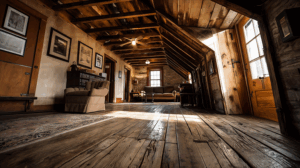 Rustic Cabin Hallway With Vintage Decor and Wooden Ceiling