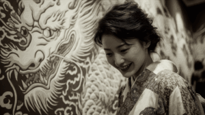 Smiling Woman in Kimono with Dragon Wall Mural