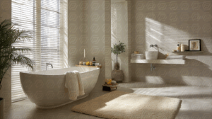 Modern Bathroom Interior With Freestanding Bathtub And Natural Light
