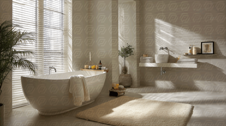 Modern Bathroom Interior With Freestanding Bathtub And Natural Light