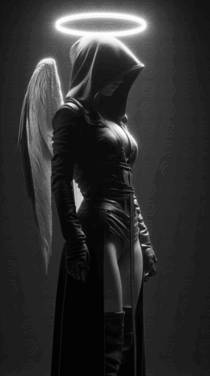 Side Profile of Hooded Angel in Leather Outfit with Glowing Halo and Wings