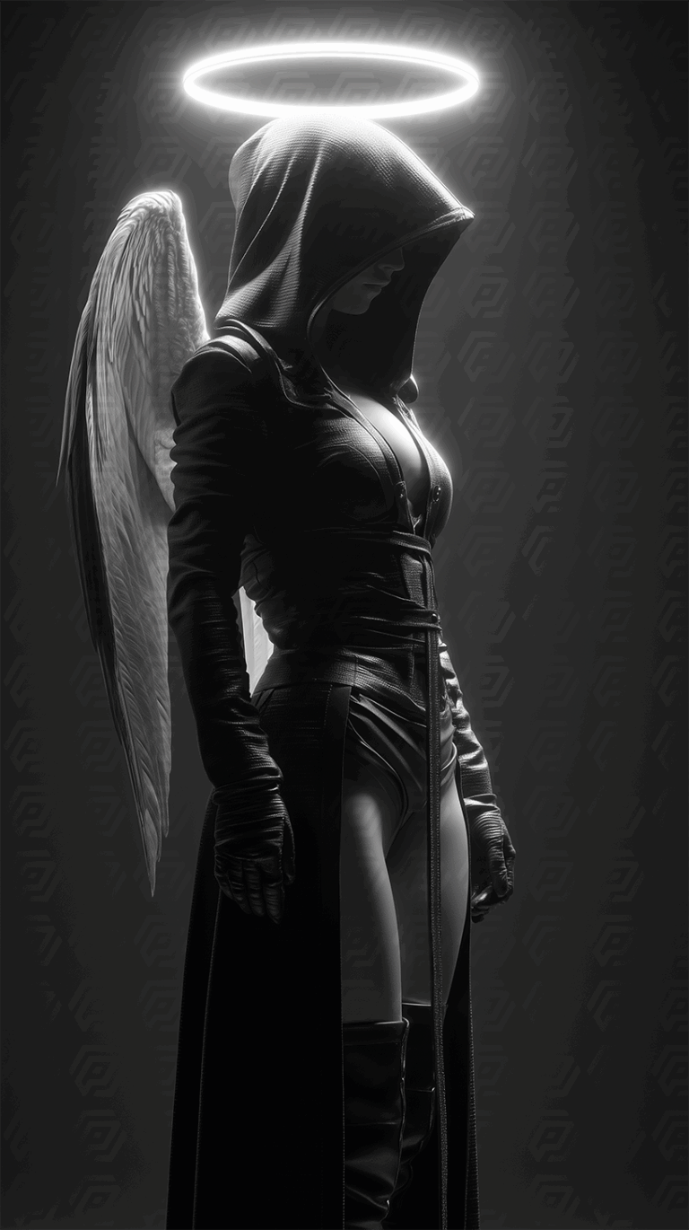 Side Profile of Hooded Angel in Leather Outfit with Glowing Halo and Wings
