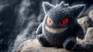 Furry Plush Monster Toy With Red Eyes On Rock