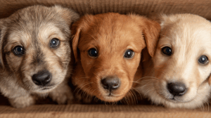 Three Cute Puppies Peeking Out of a Cardboard Box