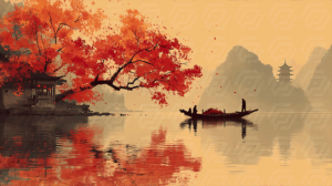 Serene Autumn Lake with Boat and Temple Silhouette
