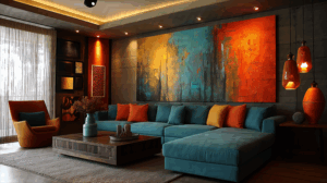 Modern Living Room with Colorful Abstract Art and Teal Sofa