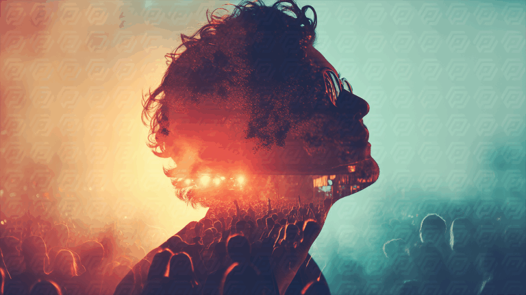 Silhouette With Festival Crowd In Vibrant Light And Smoke