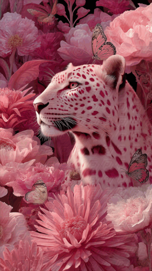 Pink Leopard Surrounded by Lush Peonies and Butterflies