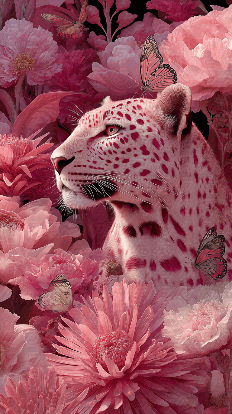 Pink Leopard Surrounded by Lush Peonies and Butterflies