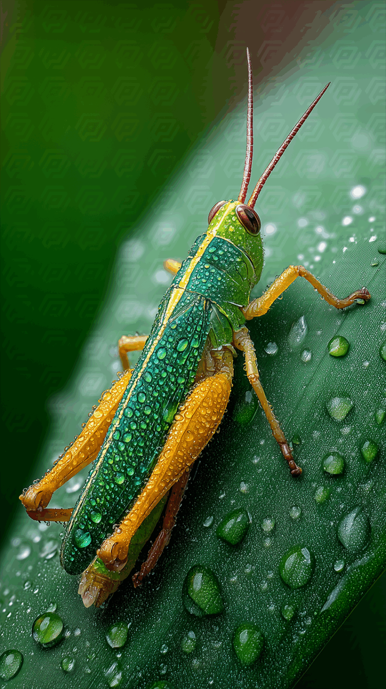 Colorful Grasshopper With Dewdrops On Leaf