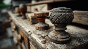 Vintage Wooden Drawer Knobs On A Rustic Workbench