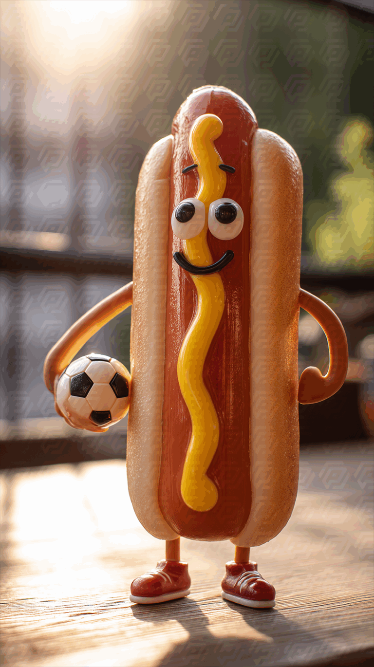 Playful Hot Dog Mascot Holding Soccer Ball On Wooden Deck
