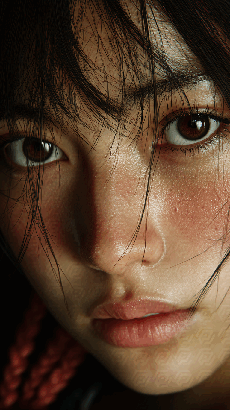 Intense Gaze Of A Young Woman With Freckles And Braids