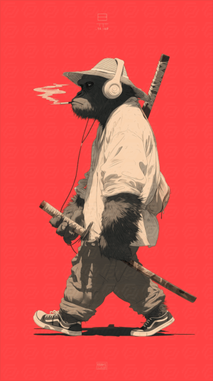 Cool Gorilla Samurai Wearing Streetwear and Headphones