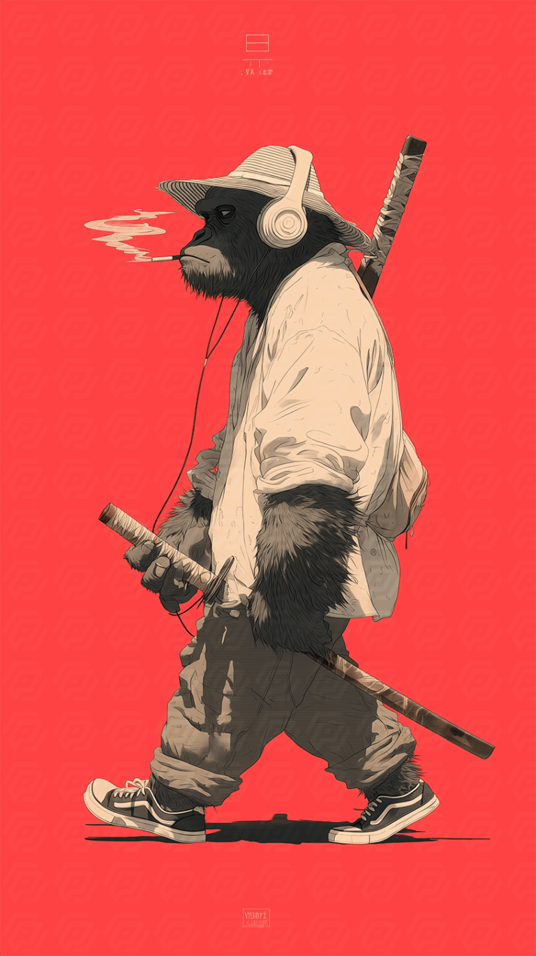 Cool Gorilla Samurai Wearing Streetwear and Headphones