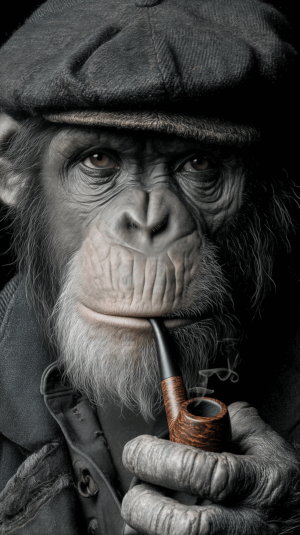 Chimpanzee Smoking Pipe In Old-Fashioned Cap