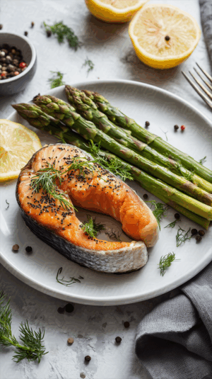 Grilled Salmon Steak with Asparagus and Lemon on White Plate