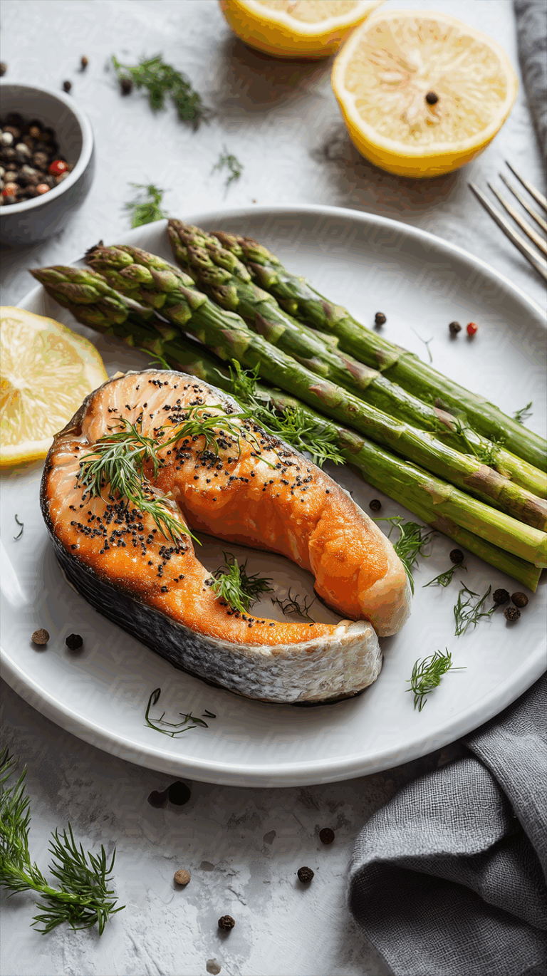 Grilled Salmon Steak with Asparagus and Lemon on White Plate