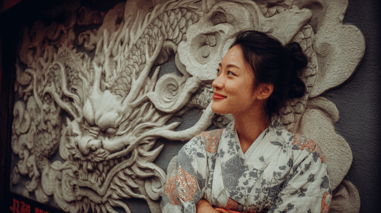 Woman in Kimono Smiling by Carved Dragon Wall