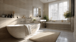 Contemporary Bathroom With Bathtub Large Window And Clean Design