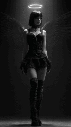 Gothic Angel Woman With Black Wings and Halo